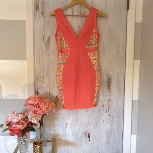 BEBE Coral Pink / Orange sequin mini party dress - full stretch! Size S